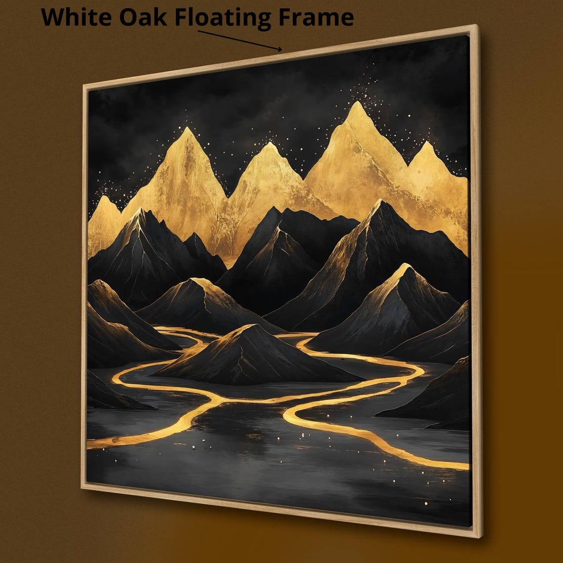 Gothic Black Mountains Golden Peaks Starry Night River Art Print - Image 3