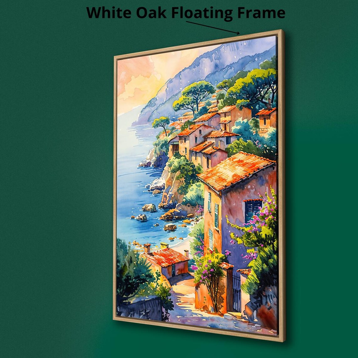 Mediterranean Coastal Village Cliffside Sunset Watercolor Travel Poster - Image 3