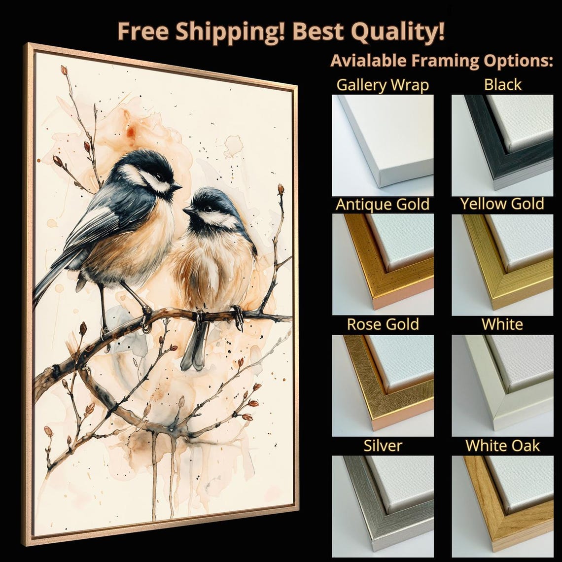 Two Chickadees On Branch Watercolor Cute Little Birds Wildlife Poster - Image 5