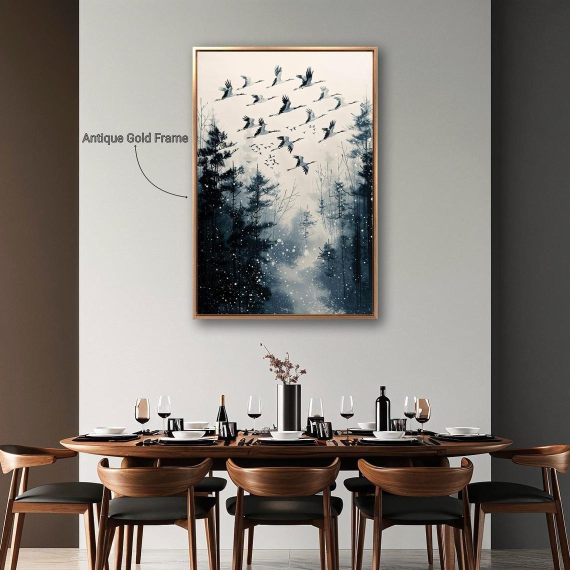 Japanese Cranes Flying Misty Snowy Pine Forest Winter Poster - Image 4