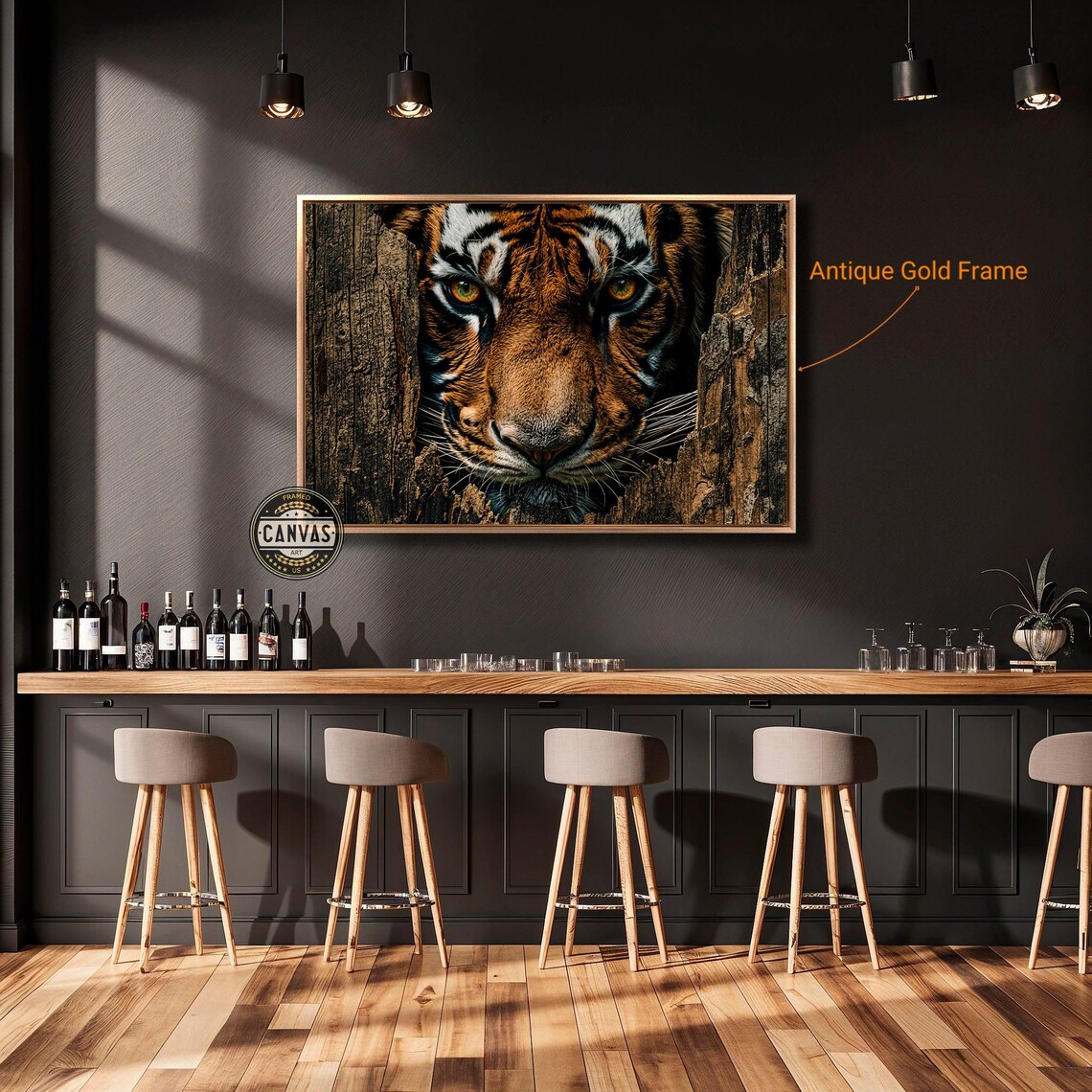 Bengal Tiger Face Emerging From Split Wood Dramatic Wildlife Art Poster - Image 3