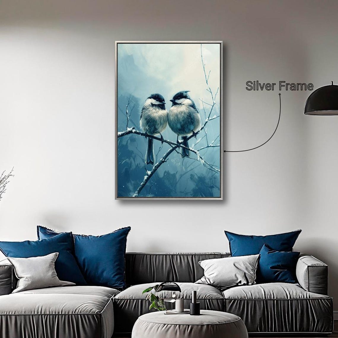 Two Chickadees Snowy Branch Winter Birds Blue Tone Painting Art Poster - Image 4