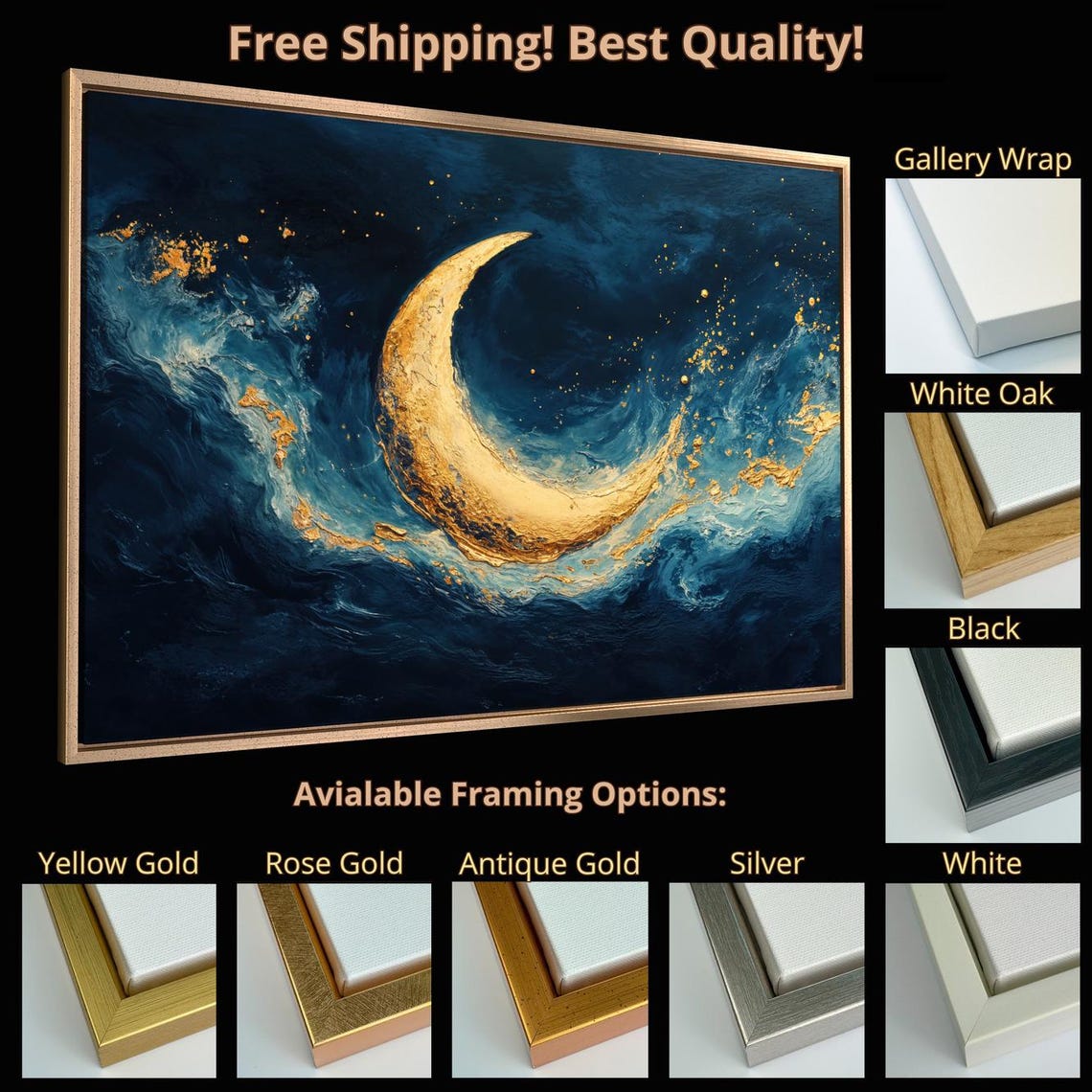 Golden Crescent Moon Swirling Dark Teal Ocean Waves Art Print - Image 5