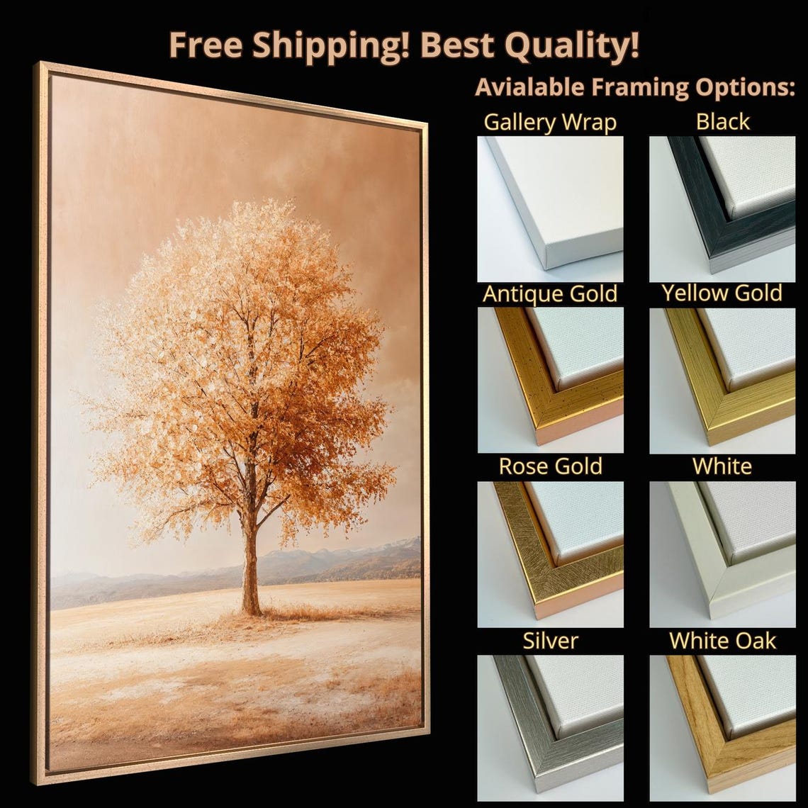 Lone Copper Orange Tree In Misty Beige Field Vertical Wall Poster - Image 5