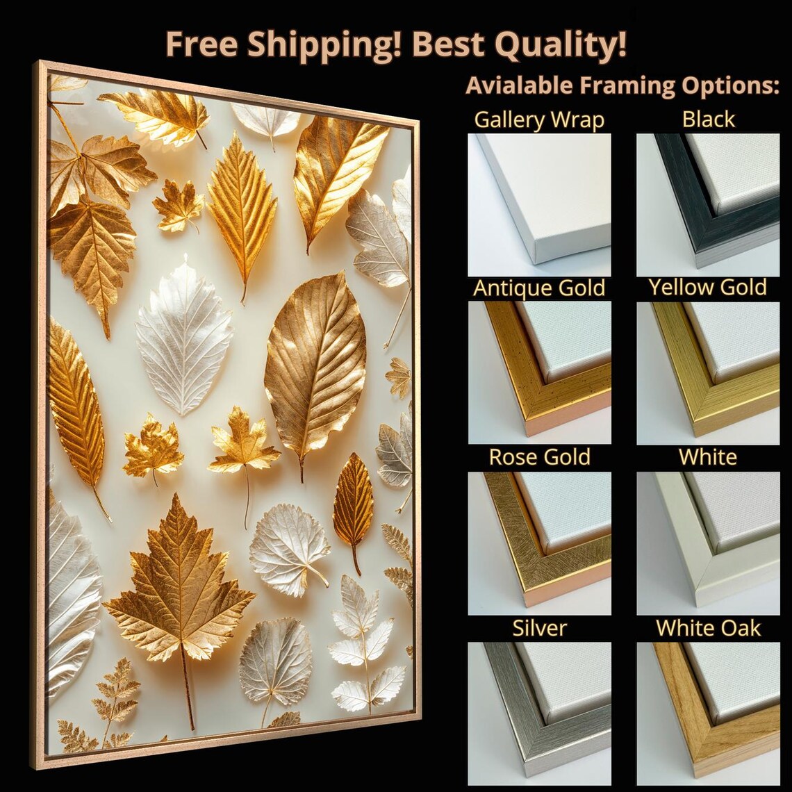 Gold And Silver Autumn Leaves Elegant Botanical Fall Wall Art Print - Image 5