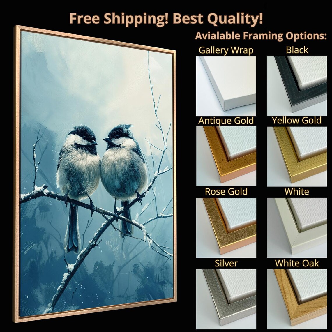 Two Chickadees Snowy Branch Winter Birds Blue Tone Painting Art Poster - Image 5