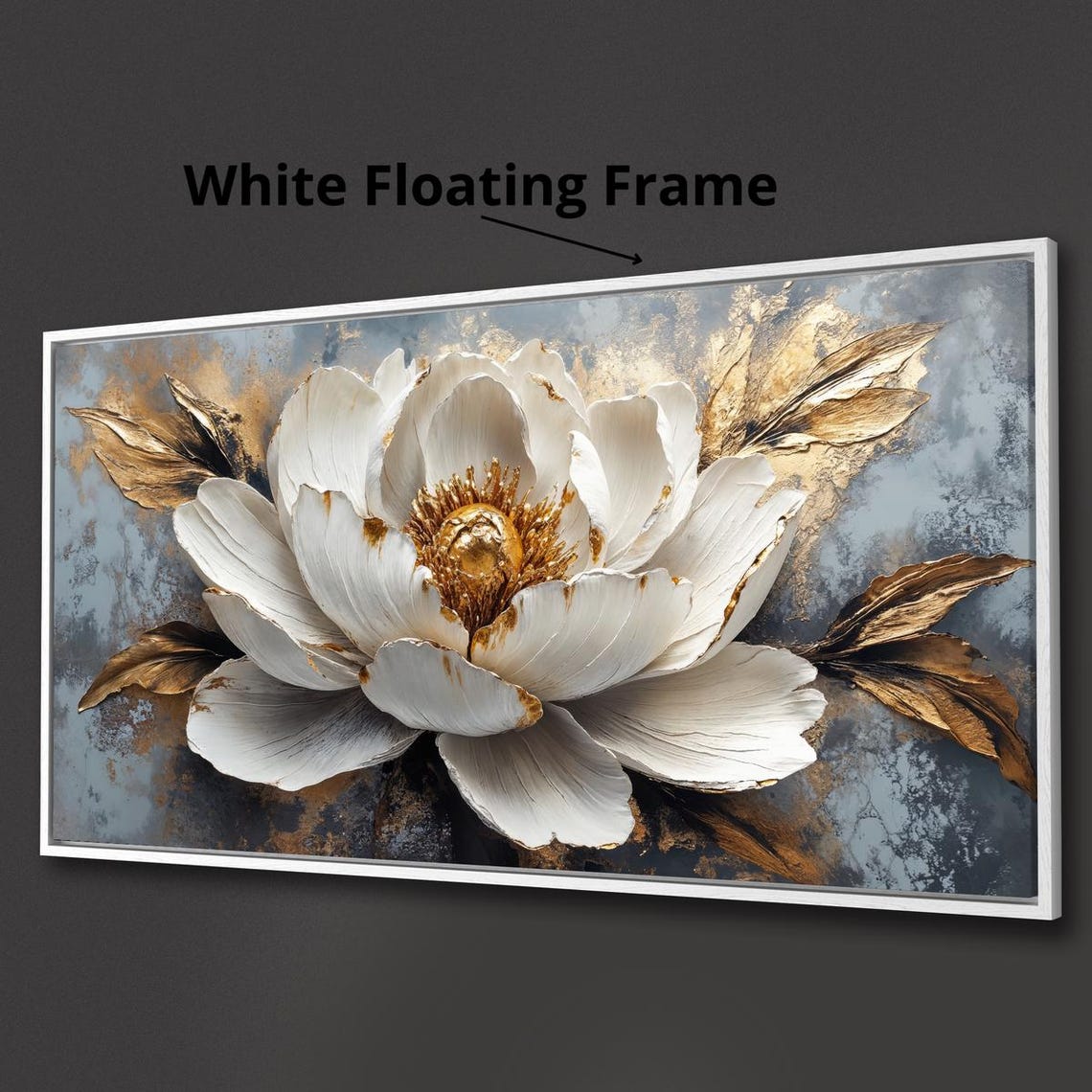 Large White Bloom Gold Center Textured Gray Luxury Art Print - Image 4