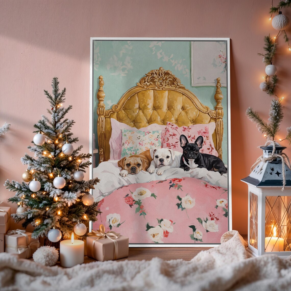 Three Cute Dogs On Pink Floral Bed Cozy Puppies Bedroom Wall Poster - Image 4