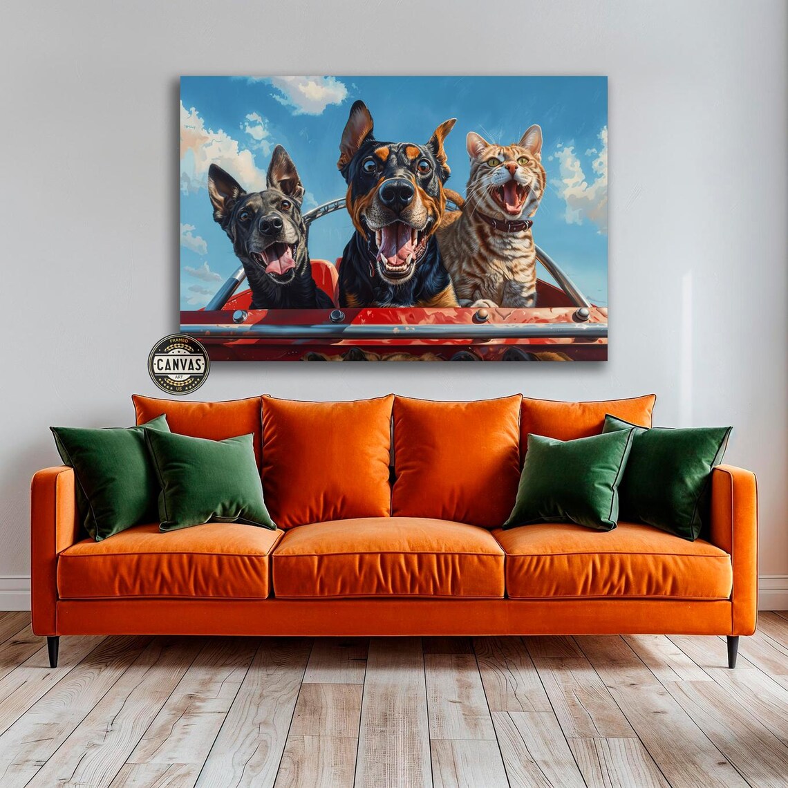 Two Happy Dogs And Cat Riding In Red Convertible Fun Animal Wall Poster - Image 5
