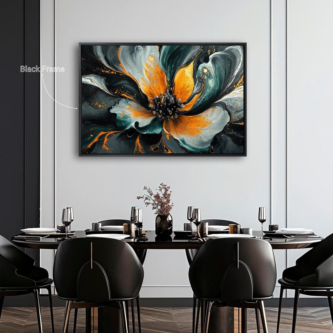Gorgeous Abstract Fluid Flower Black Teal Orange Gold Bloom Art Print - Image 2