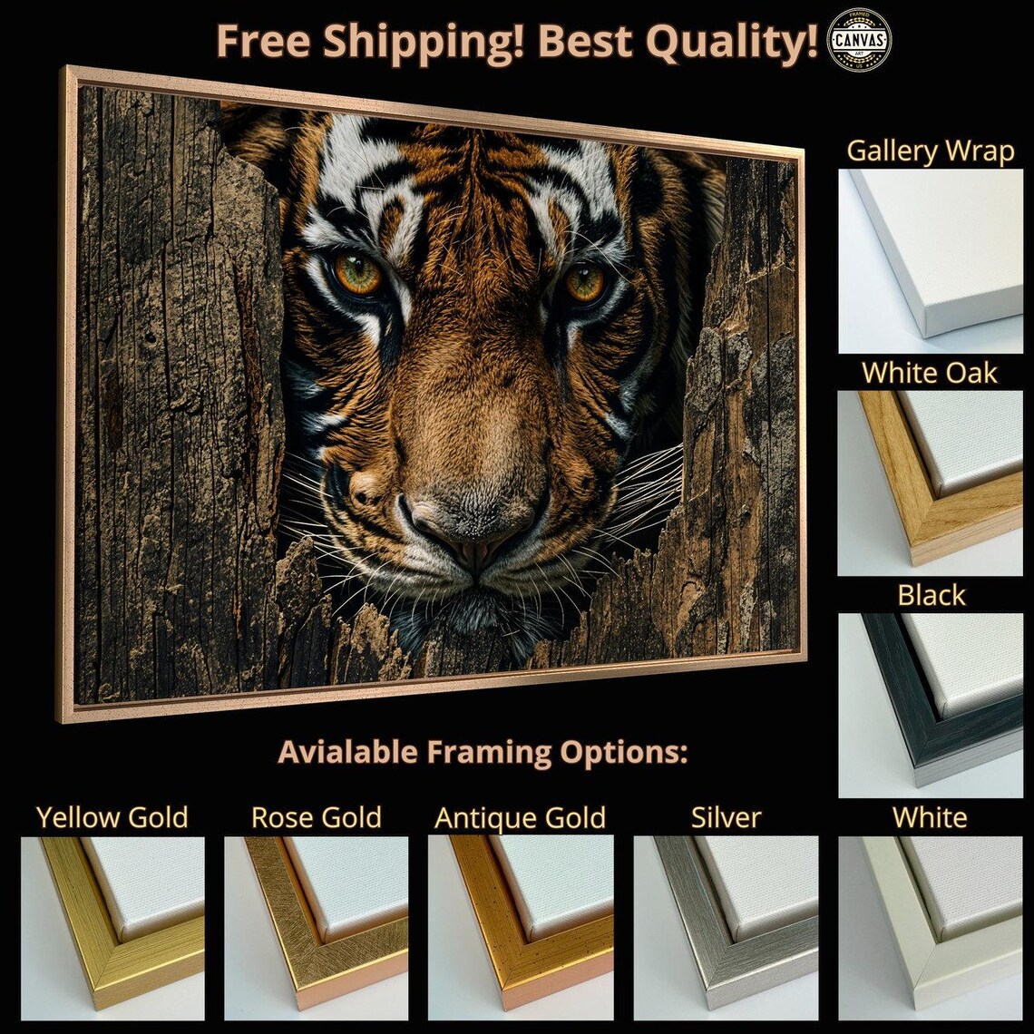 Bengal Tiger Face Emerging From Split Wood Dramatic Wildlife Art Poster - Image 4