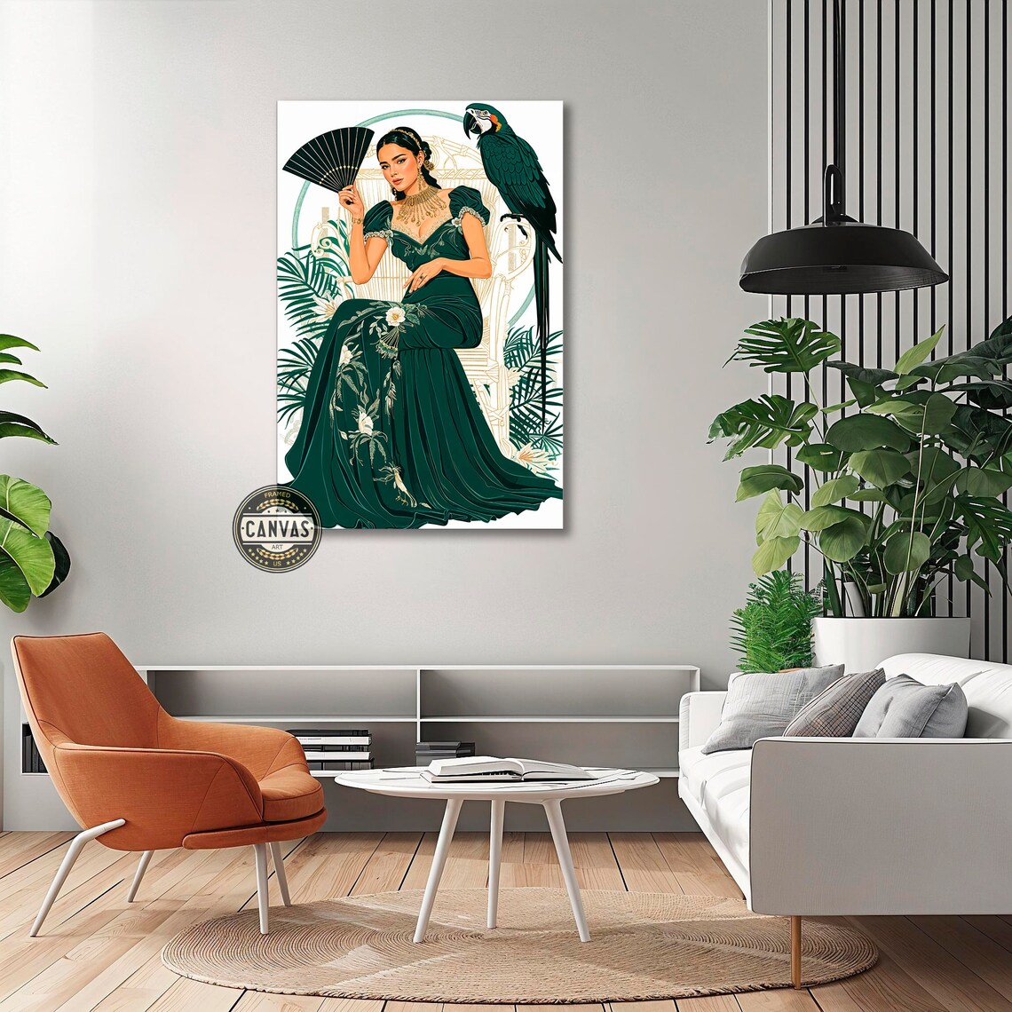 Elegant Woman With Parrot Emerald Gown Tropical Vintage Art Poster - Image 3