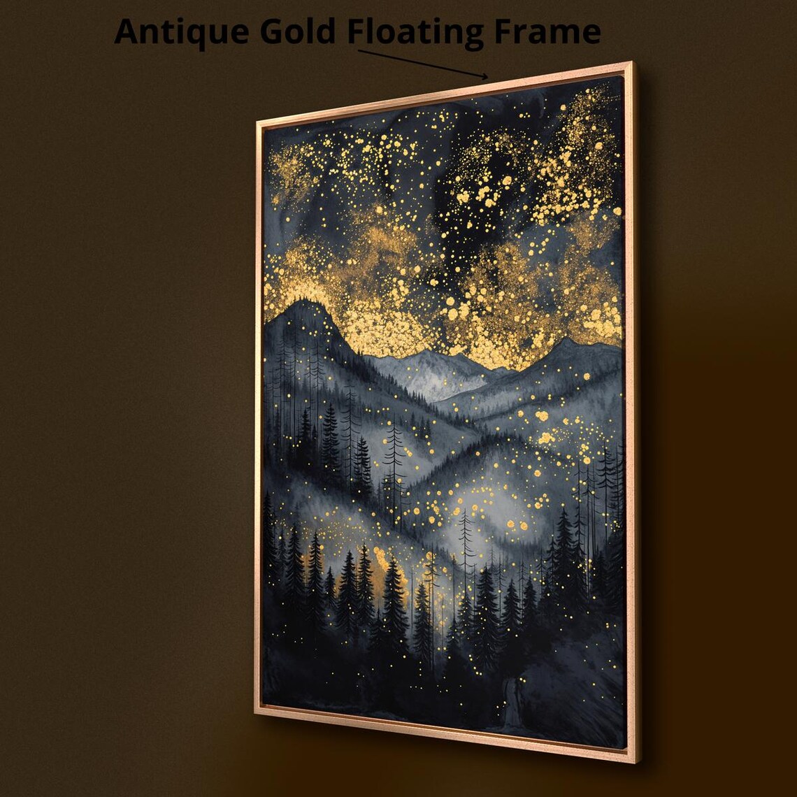 Misty Mountain Forest Golden Starry Sky Mystic Night Landscape Poster - Image 2