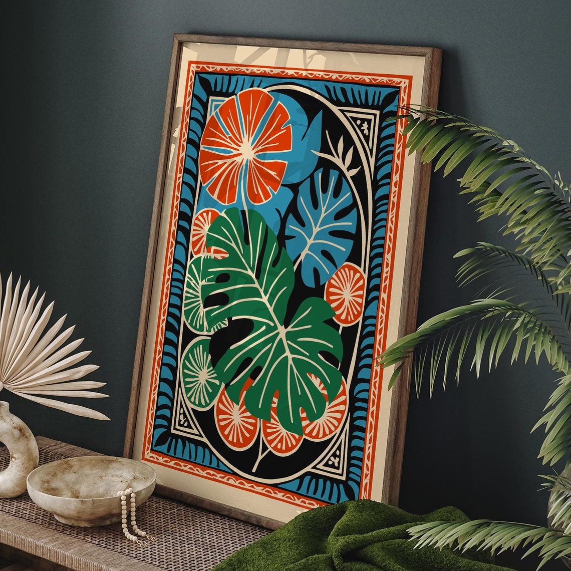 Bold Tropical Monstera Leaves Orange Green Blue Boho Botanical Poster
