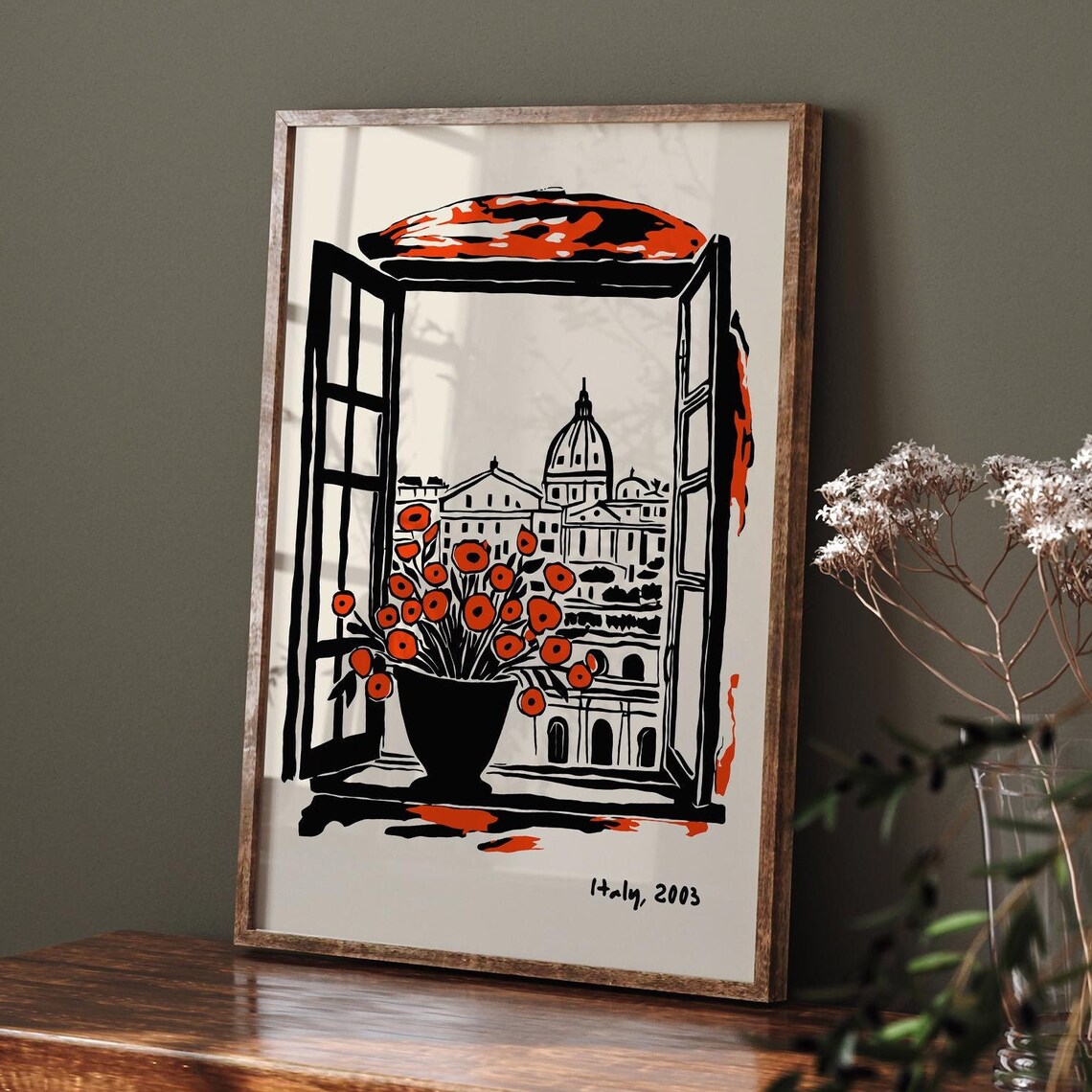 Italy 2003 Open Window Rome Dome Red Poppy Flowers Ink Sketch Poster