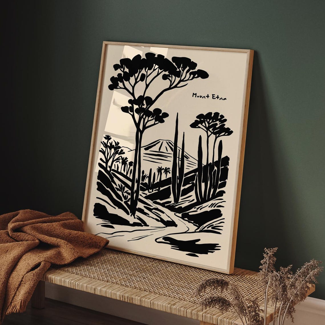 Mount Etna Minimalist Ink Landscape Poster in Black and Cream - Image 5