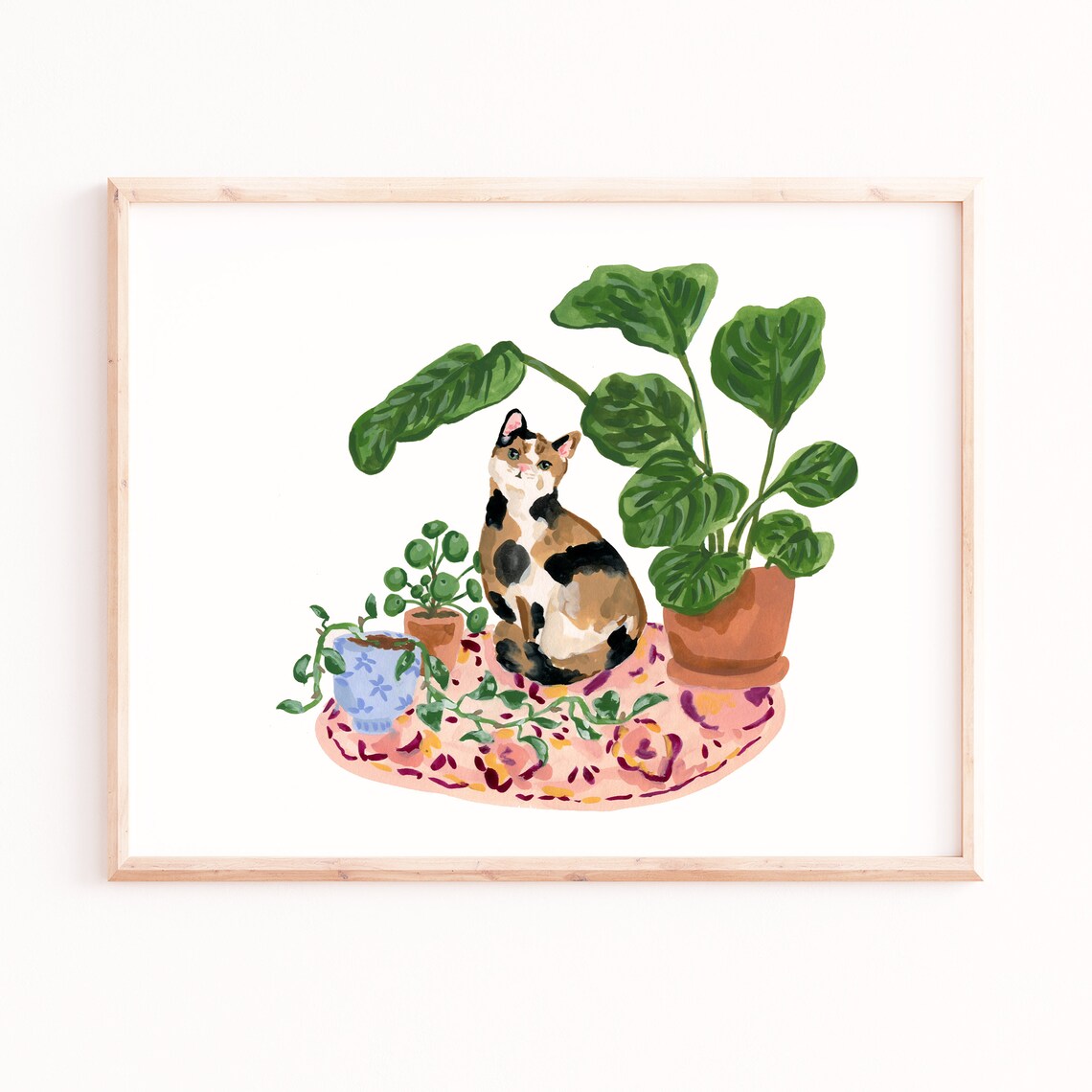 Calico Cat with Plants Art Print, Pet Lover Poster