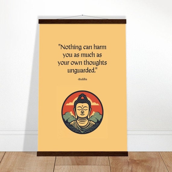Mindful Buddha Poster With Magnetic Wooden Hanger Minimalist Zen Inspirational Wall Art Goldenrod