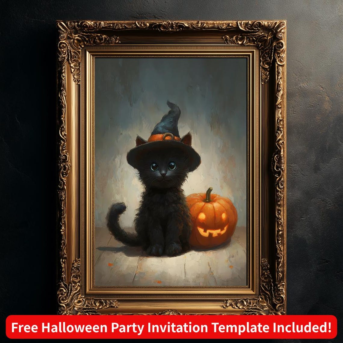 Halloween Witch Hat Black Kitten with Jack-o-Lantern Art Poster