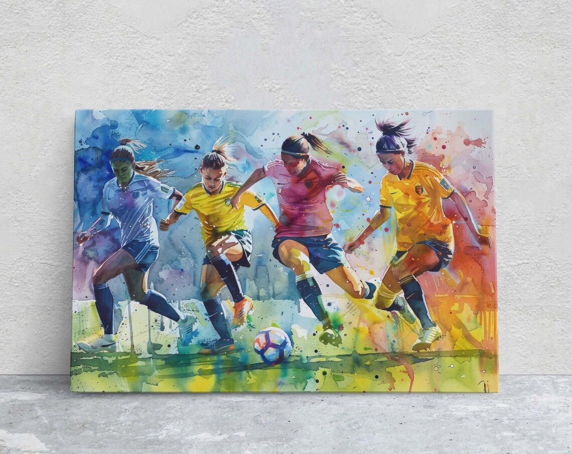Womens Soccer Watercolor Players Action Vibrant Colorful Sports Poster
