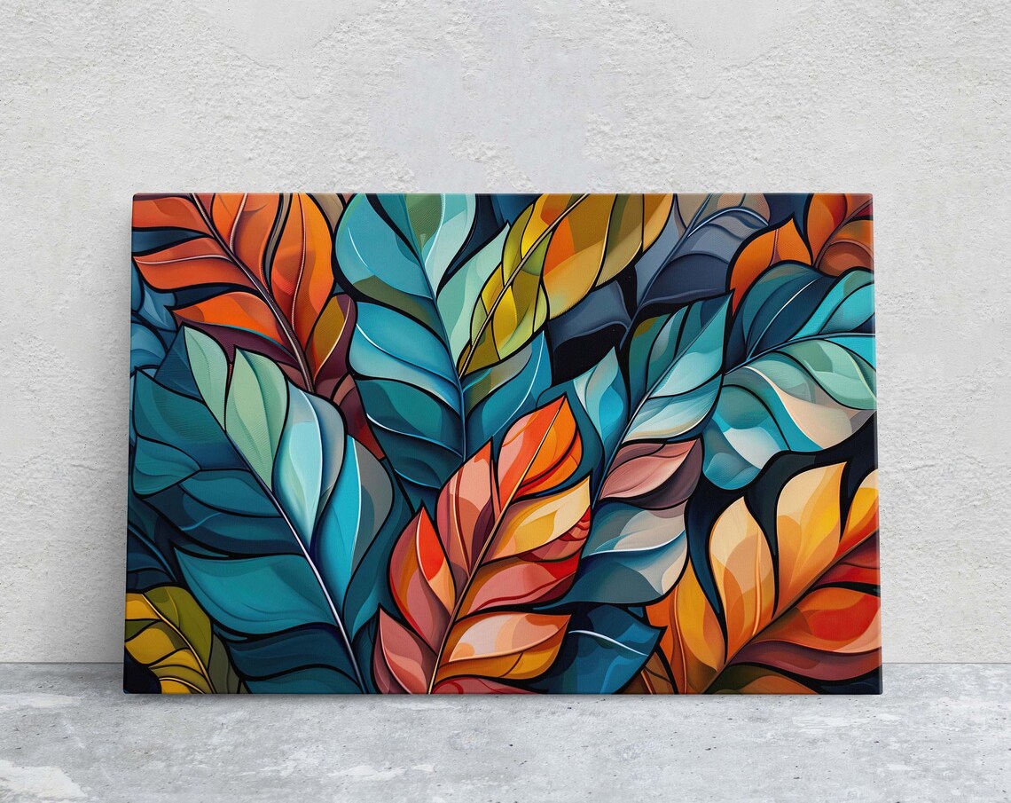Bold Abstract Tropical Leaves Teal Orange Navy Botanical Art Poster
