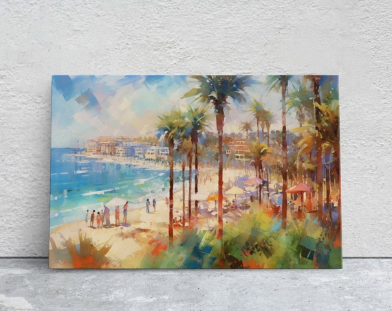 Watercolor Beach On Beach Town Ocean Resort Tropical Vacation Beach Front Water Sunset Palm Trees Blue Water