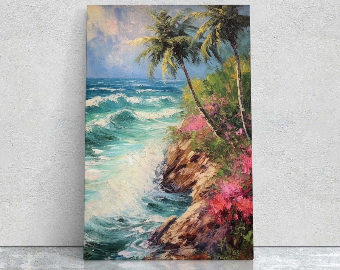 Stormy Beach On Cliffside Waves Flower Beach Palm Trees Tropical Vacation Framed Nature Decor Portrait