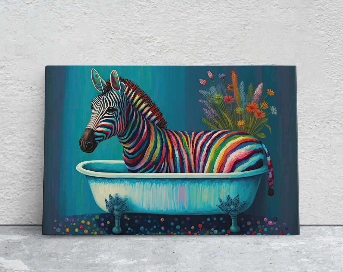 Zebra in Bathtub, Kids Bathroom Animal Art Print