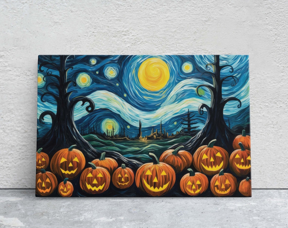 Pumpkin Patch On Starry Night, Van Gogh Halloween