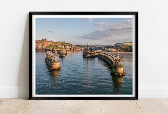 Whitby Harbour Yorkshire Pier Lighthouses Aerial Sunset Poster