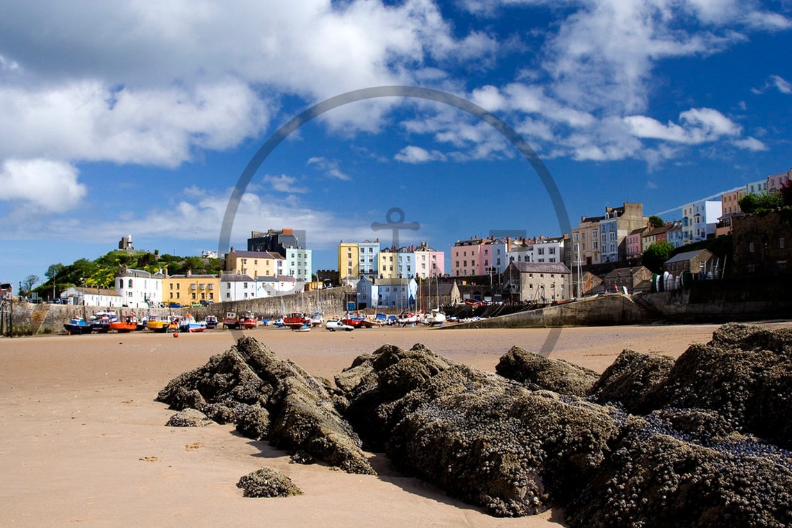 Tenby Harbour Colourful Old Waterfront At Low Tide Wales Poster - Image 3