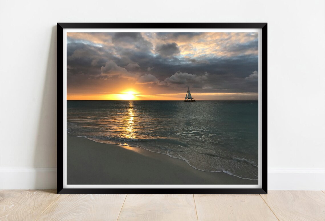 Eagle Beach Aruba Sunset Sailboat Tropical Golden Waves Poster