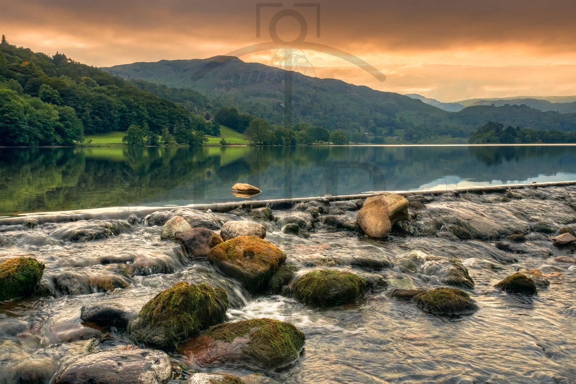 Grasmere Lake District Fells Sunset Reflections Rocky Shore Poster - Image 3