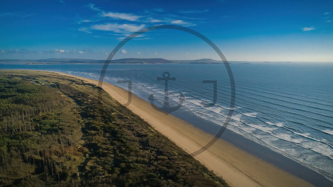 Carmarthen Bay Wales Aerial Long Beach Forest Surf Landscape Print - Image 3