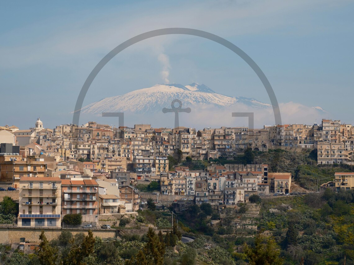Snowy Mount Etna Smoking Over Italian Hillside Village Poster - Image 3