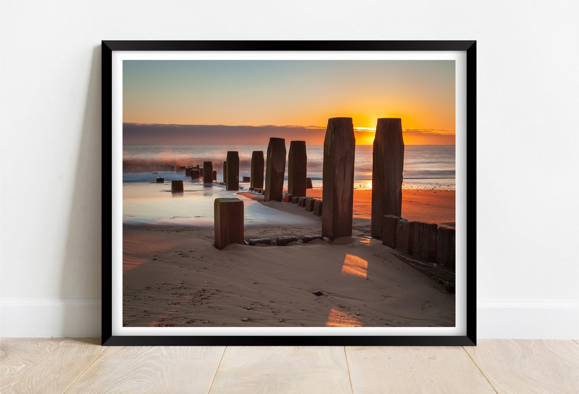 Walcott Beach Norfolk Wooden Groynes Golden Sunset Seascape Poster