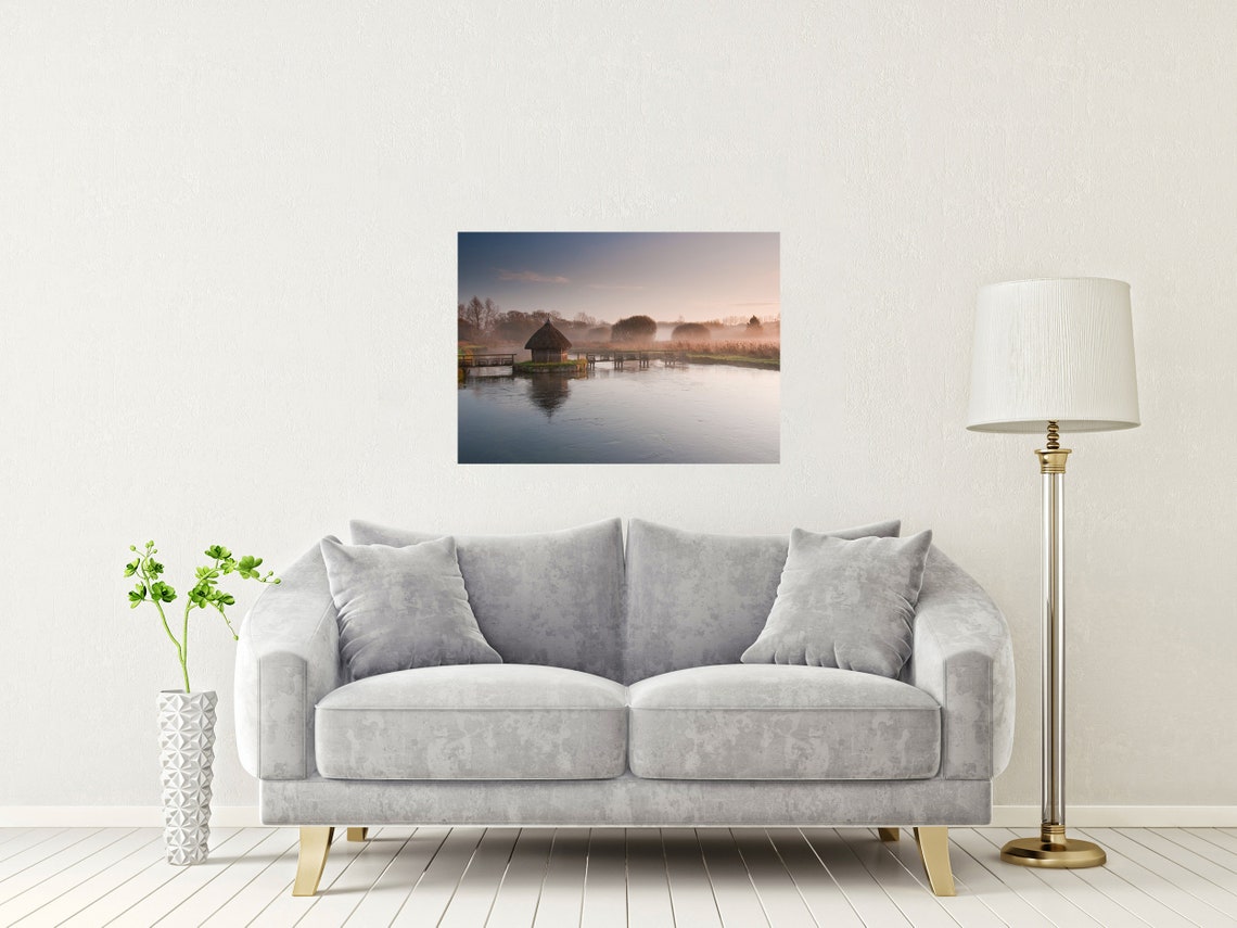 River Test Eel Traps Longstock Hampshire Misty Sunrise Hut Poster - Image 2