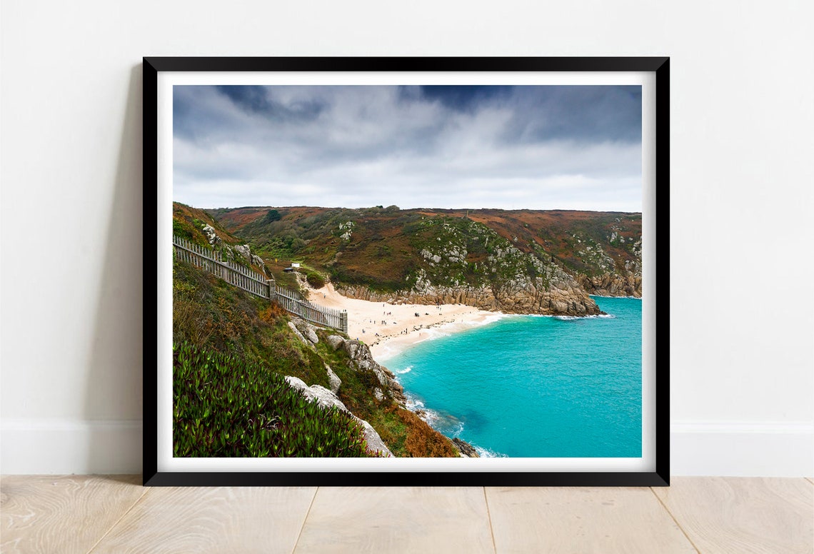 Porthcurno Beach Cornwall Turquoise Sea White Granite Cliffs Poster