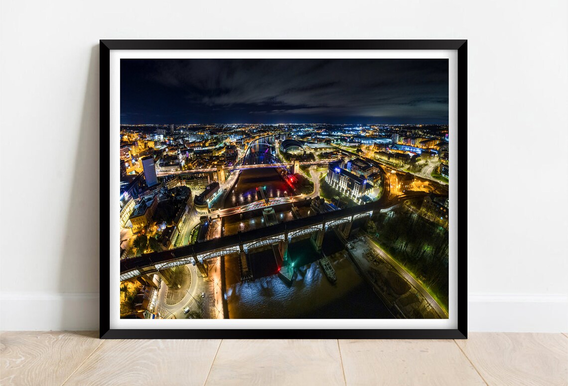 Tyne Bridge Newcastle Upon Tyne Night Aerial Of City Lights Poster