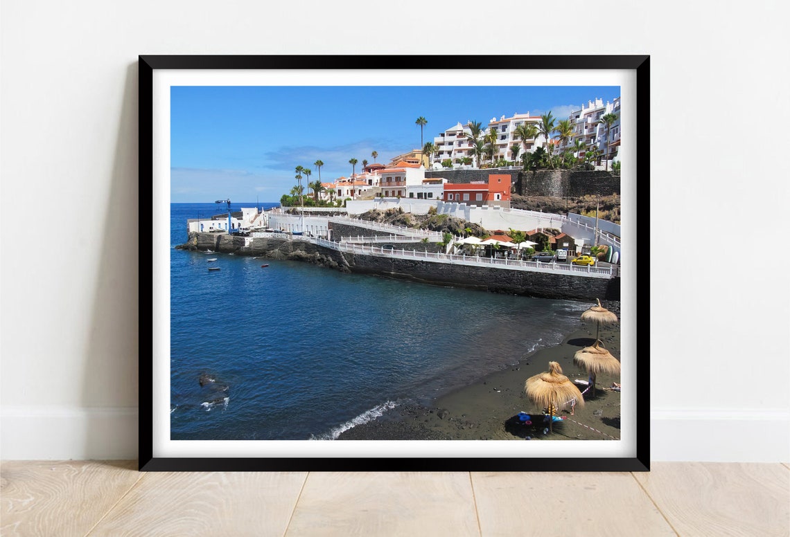 La Arena Tenerife Black Sand Beach Seafront Palms Coastal Town Poster