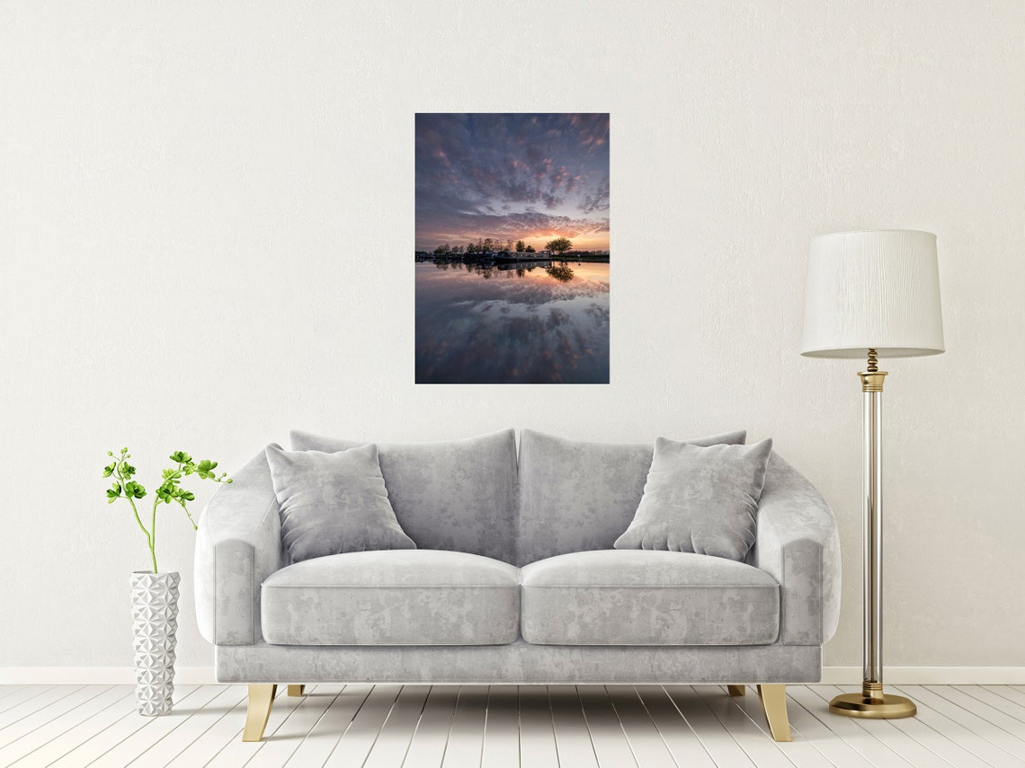 Norfolk Broads Sunset Canal Boats Still Water Reflection Poster - Image 2