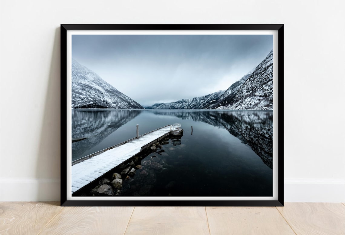 Norway Fjord Snowy Winter Jetty Mountain Reflection Photo Poster