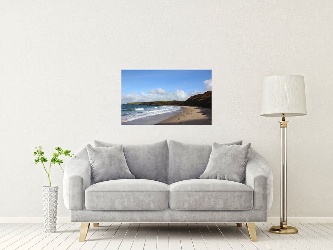 Traeth Porthor Beach Blue Waves And Green Cliffs Wales Poster - Image 2
