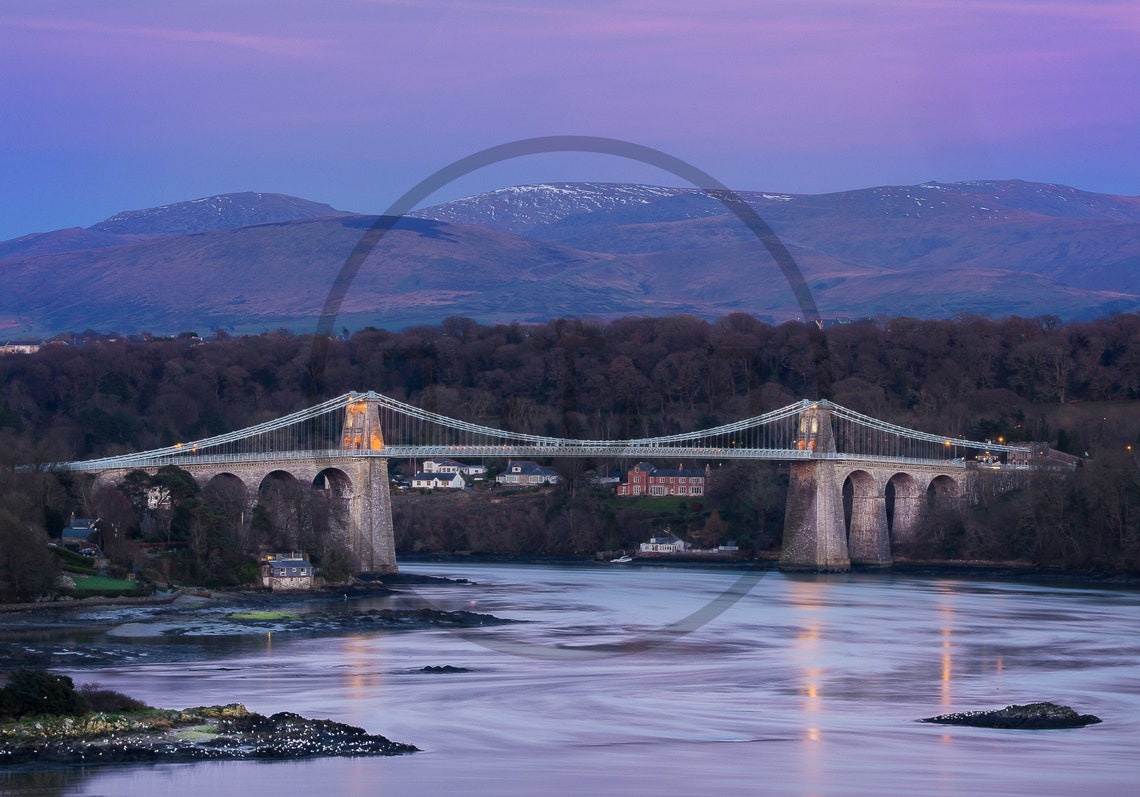 Menai Suspension Bridge Isle Of Anglesey Wales Dusk Twilight Poster - Image 3