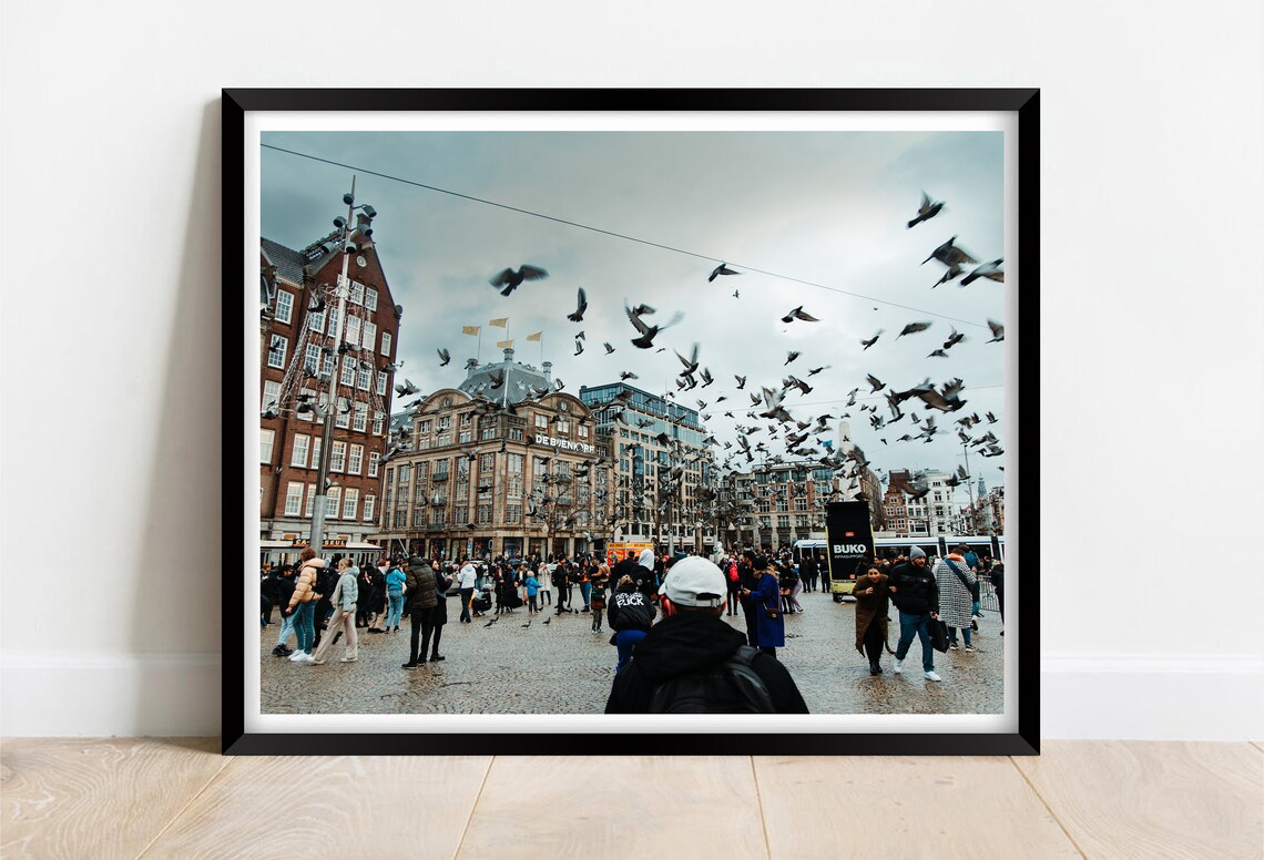 Dam Square Amsterdam Pigeons Flying Over Crowded City Plaza Poster