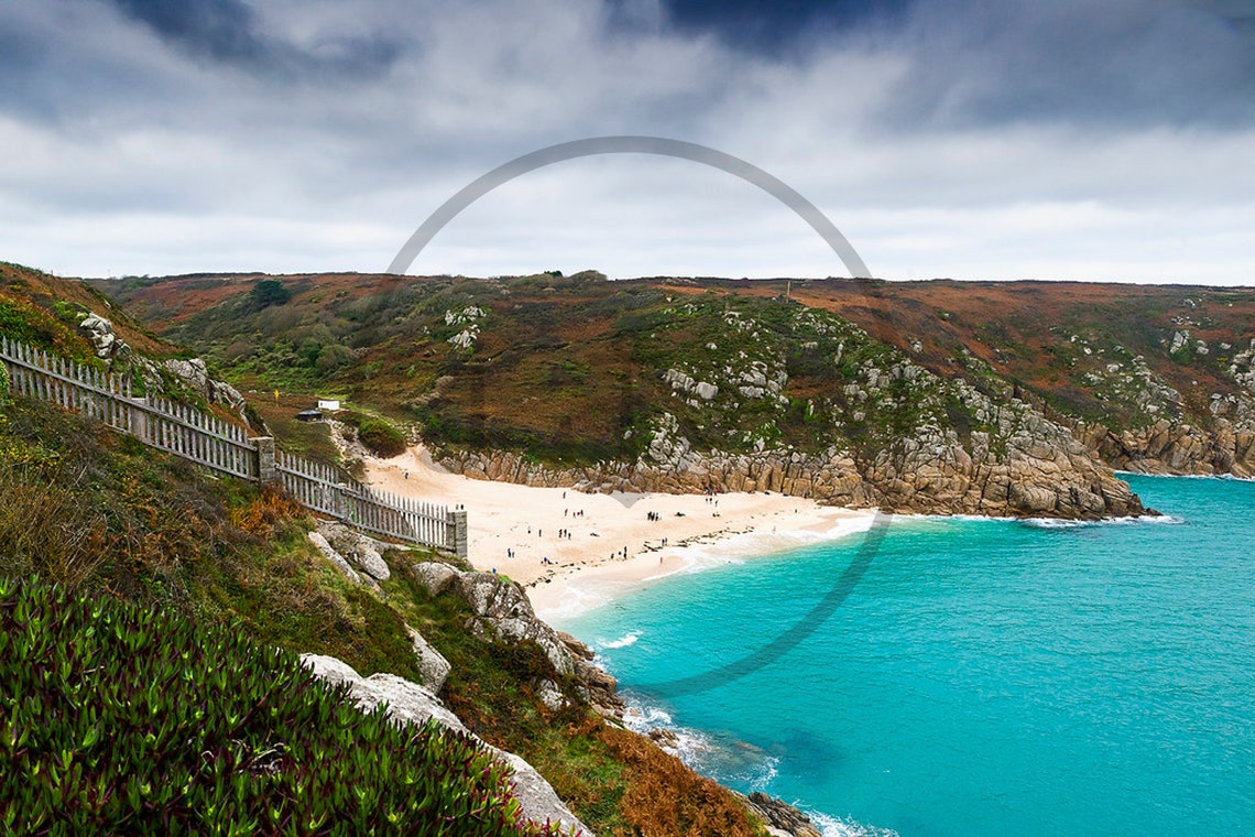 Porthcurno Beach Cornwall Turquoise Sea White Granite Cliffs Poster - Image 3
