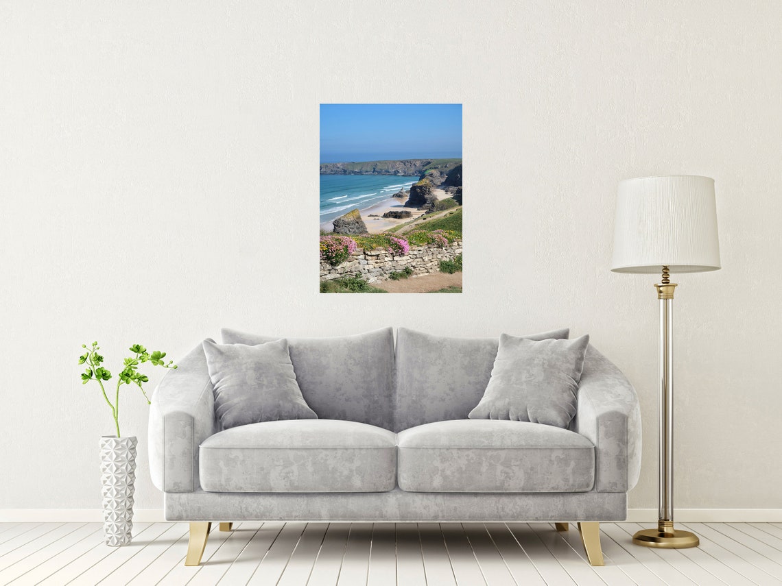 Bedruthan Steps Beach Cornwall Sea Stacks Wildflowers Poster - Image 2