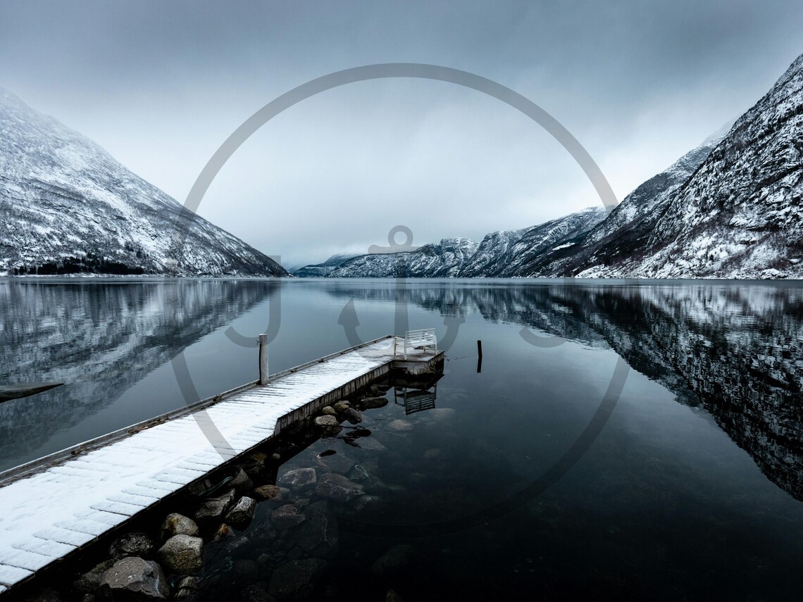 Norway Fjord Snowy Winter Jetty Mountain Reflection Photo Poster - Image 3