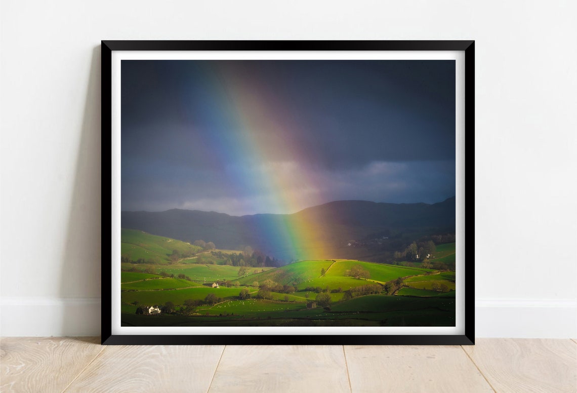 Rainbow Over Rolling Green Hills After Storm Countryside Poster