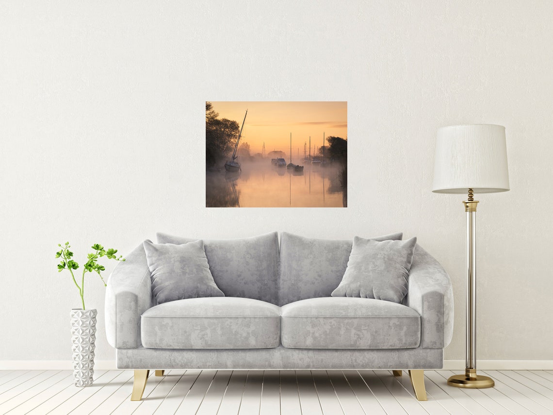 River Frome Wareham Dorset Sunrise Misty Boats Landscape Print - Image 2